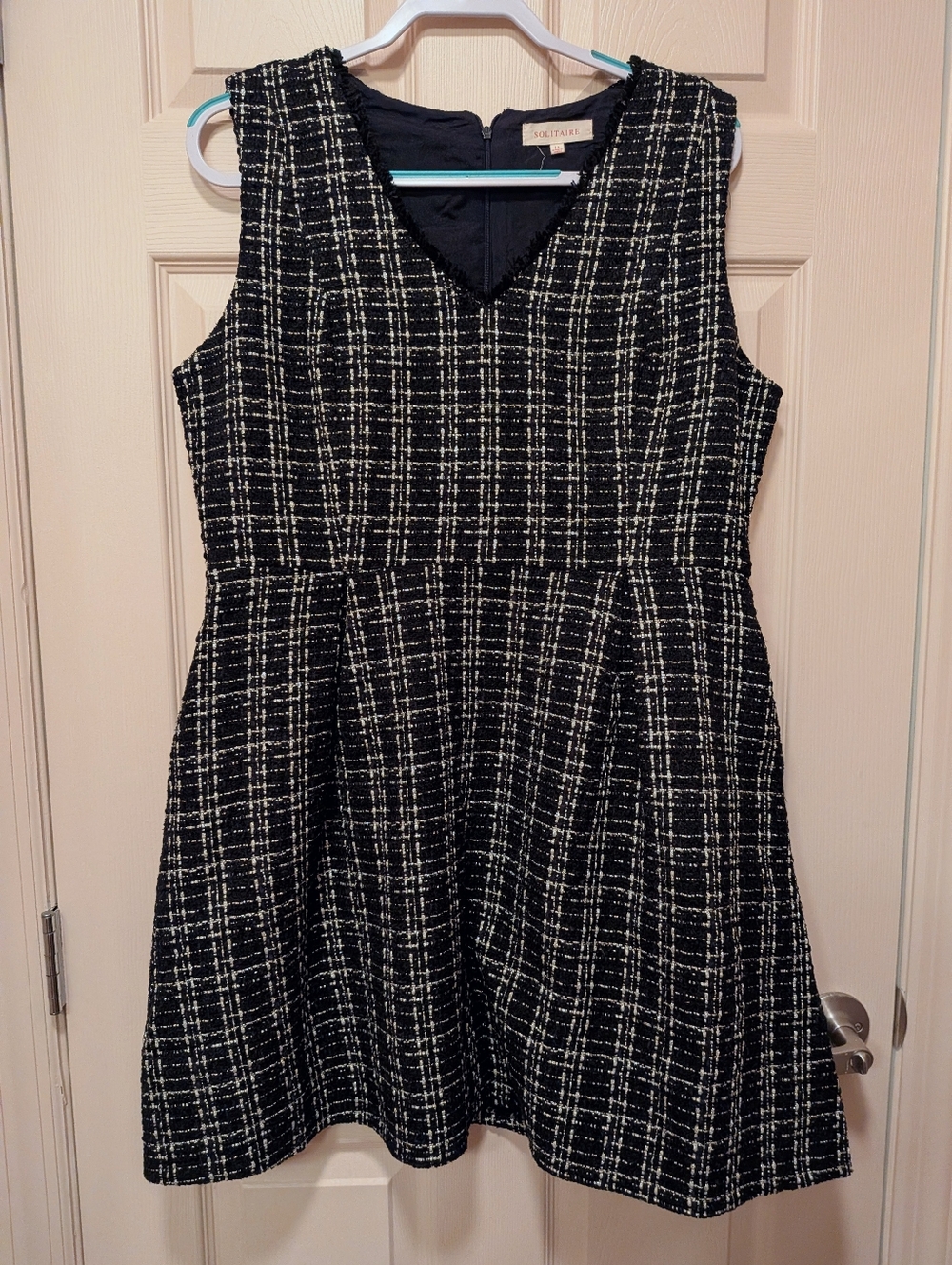 Sleeveless Black and Silver Tweed V-Neck Dress
